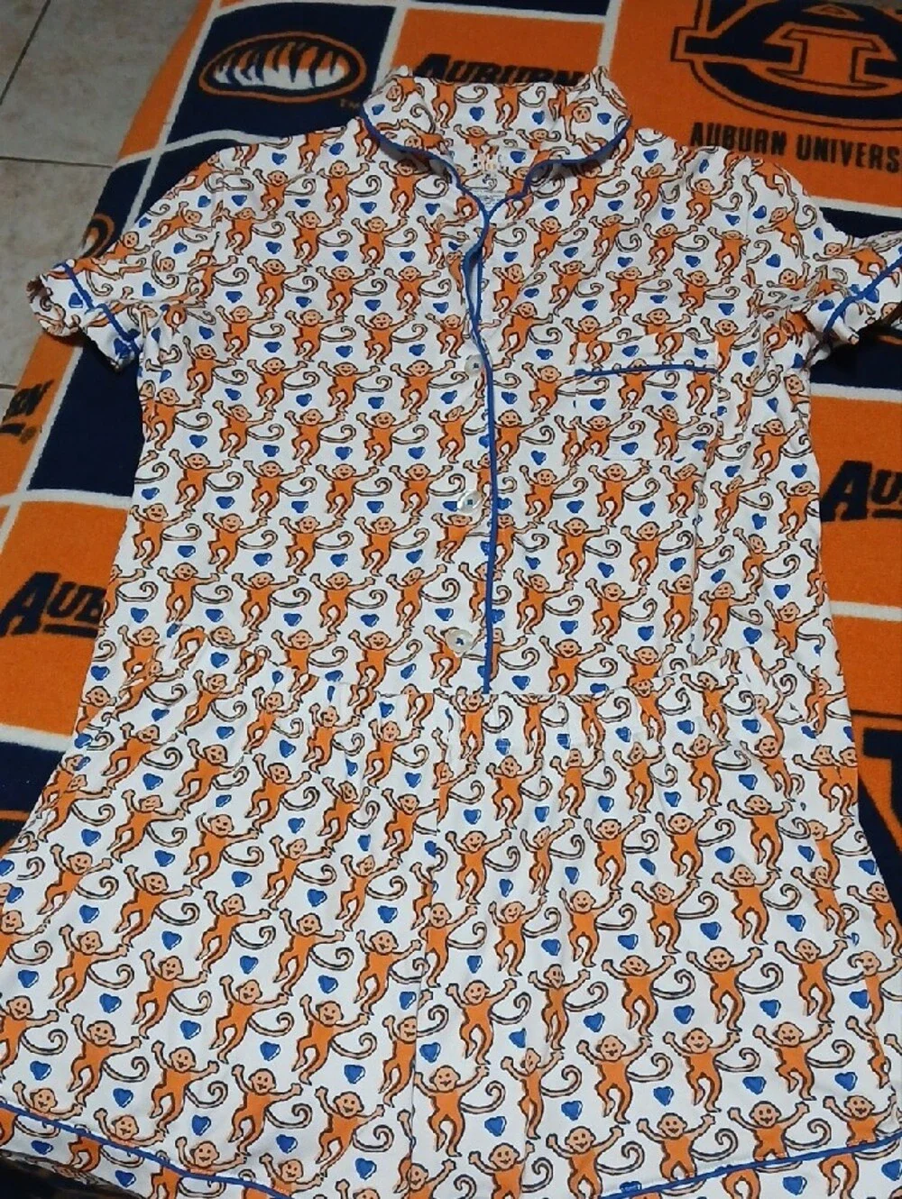 Roller Rabbit White Short Pajama Set with Orange Monkey Print and Blue Piping